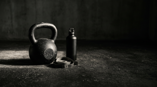 Kettlebell, measuring tape and water bottle on a gym floor