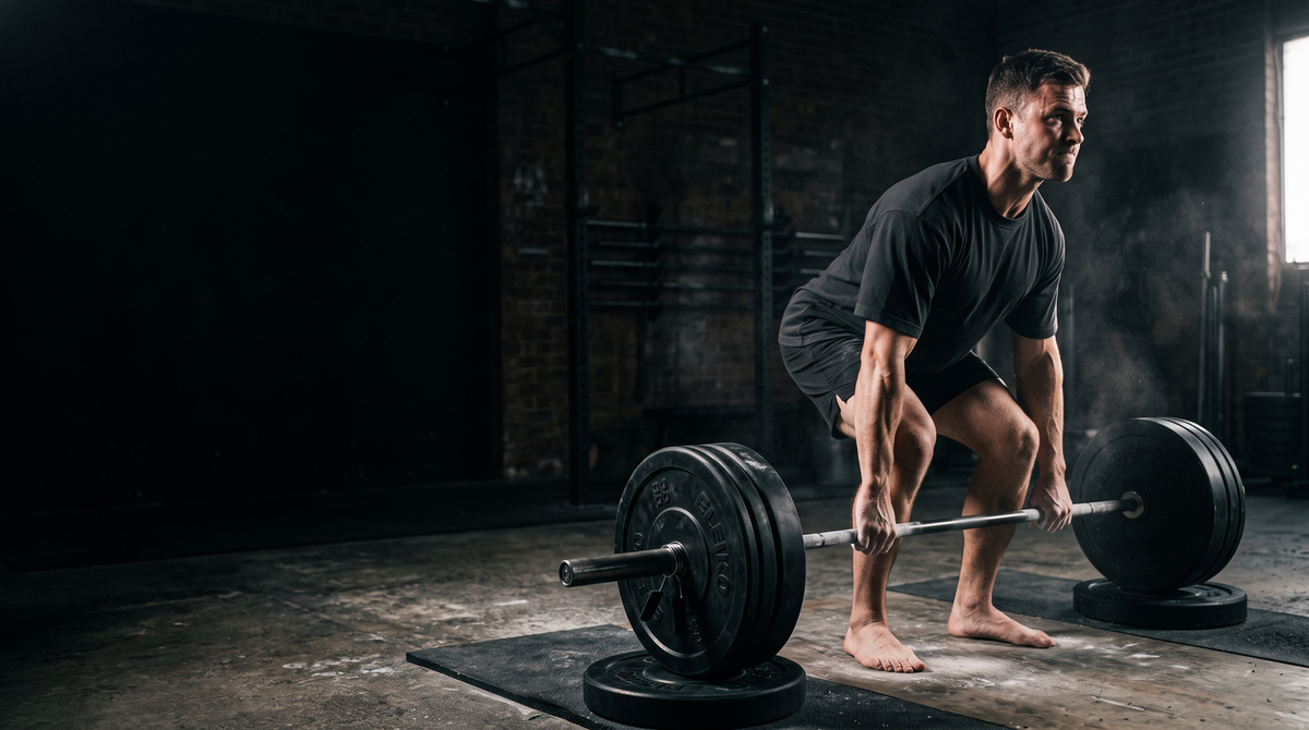 Athlete in a black GymGoat tee mid-deadlift in a dark gym