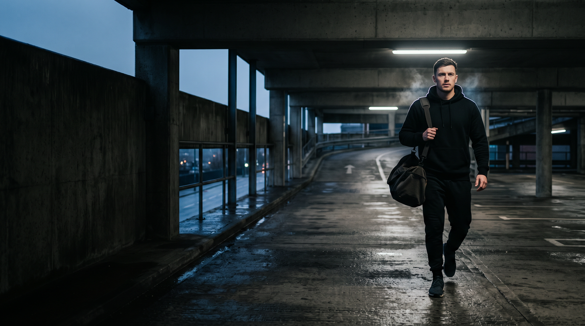 Man in a black hoodie walking through a car park at dawn