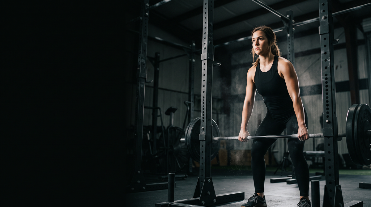 Woman in a black racerback tank stepping under a barbell in a squat rack