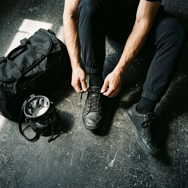 Lacing up training shoes on a gym floor
