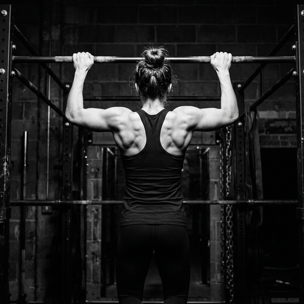 Woman in a black racerback tank doing a pull-up