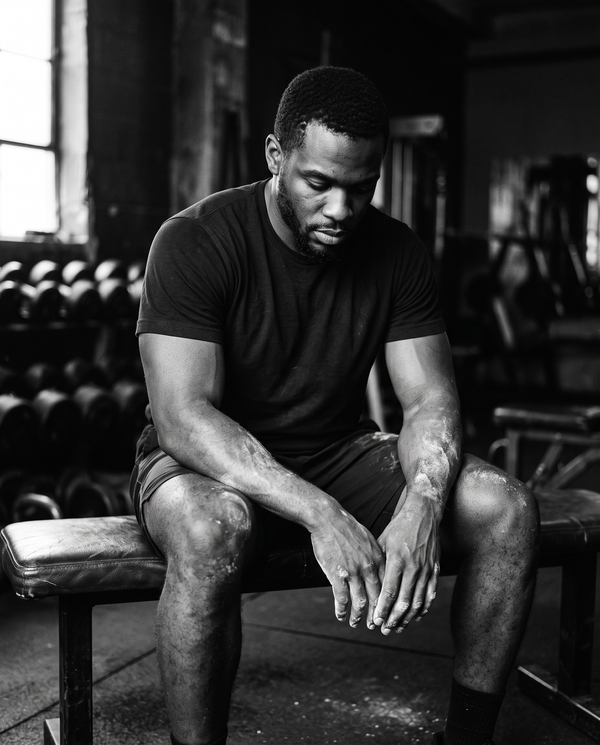 Black and white portrait of a lifter resting on a bench between sets