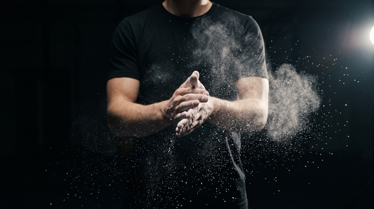 Burst of chalk dust between an athlete's hands